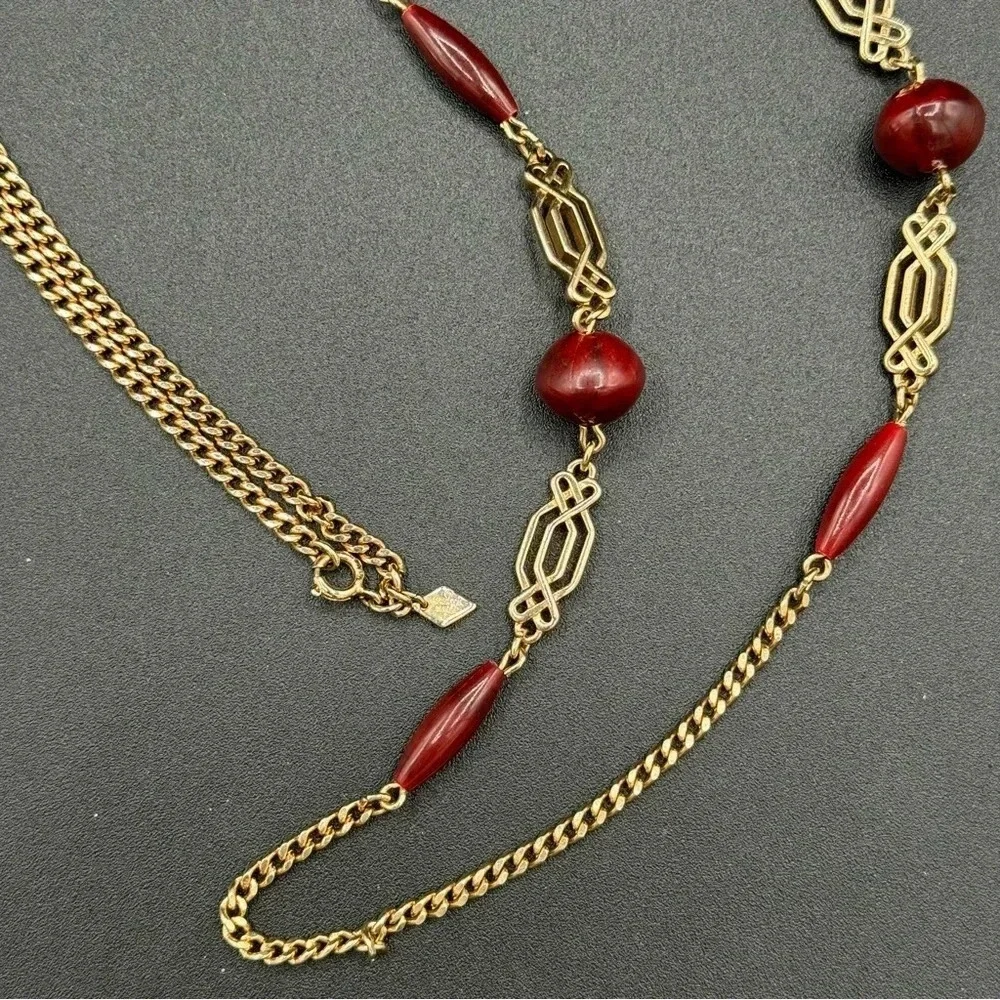 Vintage Signed Sarah Cov Gold Tone and Red Resin Beads
